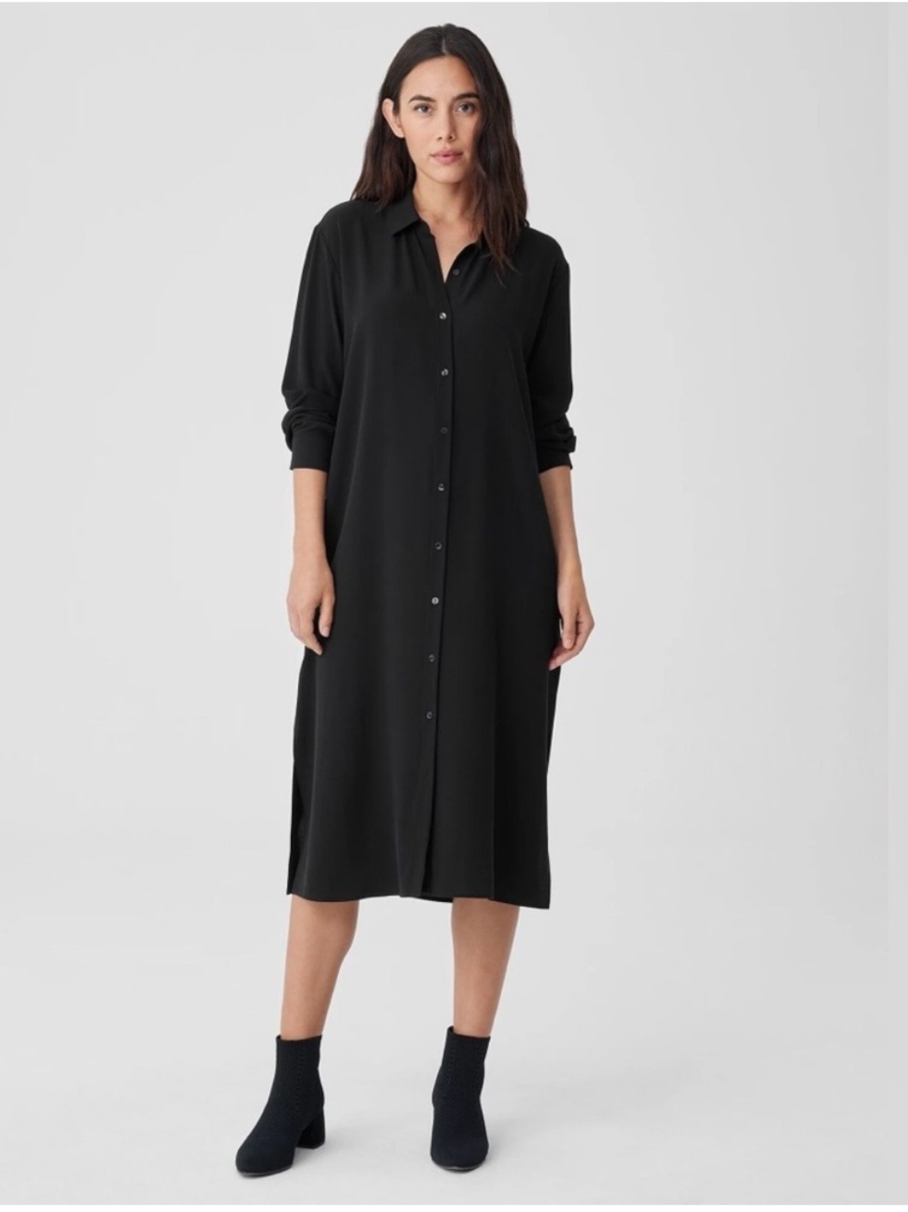 Eileen Fisher Classic Black Button-Front Shirt Dress Lagenlook Sz Large